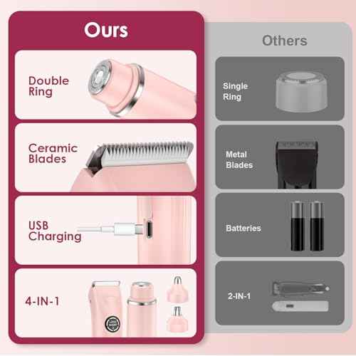 4-in-1 Bikini Trimmer for Women, Dual Head Electric Razors Shaver | Painless Bikini, Body & Facial Hair Remover | IPX7 Waterproof for Wet/Dry Use | Includes Nose & Eyebrow Trimmer Heads(Pink)