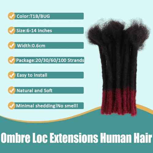 Viovian 0.6cm Human Hair Loc Extensions 10 Inch 60 Strands Ombre Dreads Extensions Human Hair Dreadlock Extensions for Men Human Dread Extensions Color 1b/Bug
