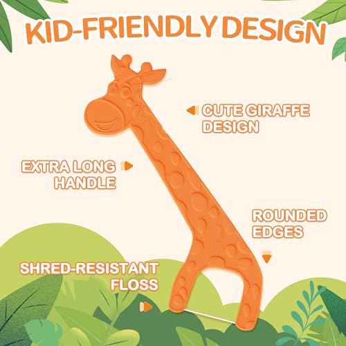 200 Count Biodegradable Kids Flossers, Eco-Friendly Plant-Based Floss Picks, No Fluoride BPA Free Cute Giraffe Dental Picks, No Plastics, Vegan Natural Floss, Mild Mint