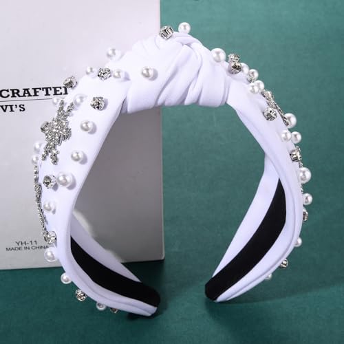 NVENF Christmas Headband for Women Jeweled Crystal Snowflake Headband Pearl Wide Top Knot Winter Holiday Headband Christmas Hair Accessories Holiday Outfits Gifts (Snowflake White 2)