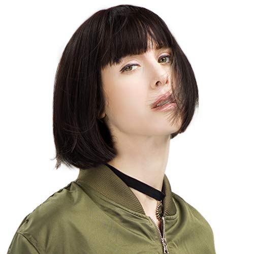 REECHO 11" Short Bob Wig with bangs Synthetic Hair for White Black Women Color: Black Brown