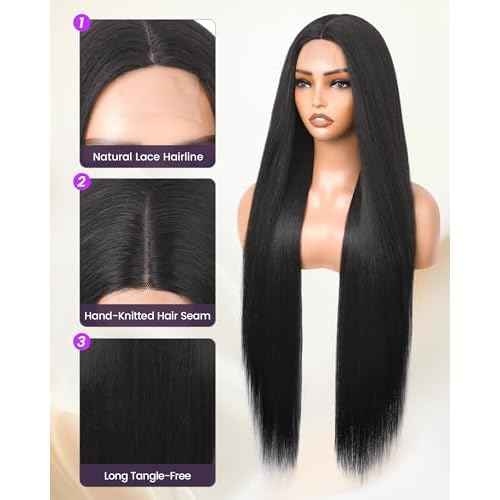 Long Straight Black Wigs for Women Glueless Synthetic Wig Middle Part 32 Inch