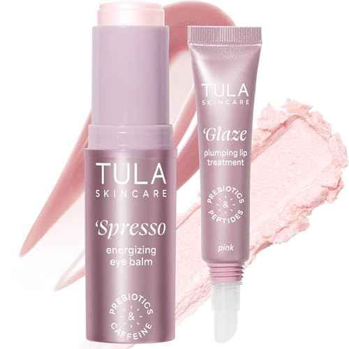 TULA Skin Care Eye + Lip Duo - Spresso Energizing Eye Balm 0.35 oz + Glaze Plumping Lip Treatment 0.28 oz, 2-Piece Kit
