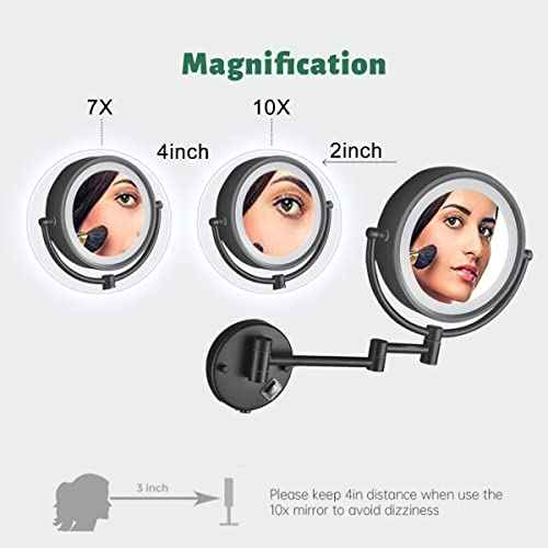 Hardwire LED Lighted Wall Mount Gold Makeup Mirror with 10x Magnification for Bathroom and Bedroom,13" Extendable Arm (Black)