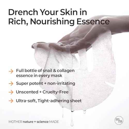 MOTHER MADE Glowing Glass Skin Hydrating Snail Deep Collagen Face Masks Set of 20 EA, with Niacinamide 2%, Vitamin E, Facial Mask for Dry, Sensitive Skin, Self Care, Korean Skincare