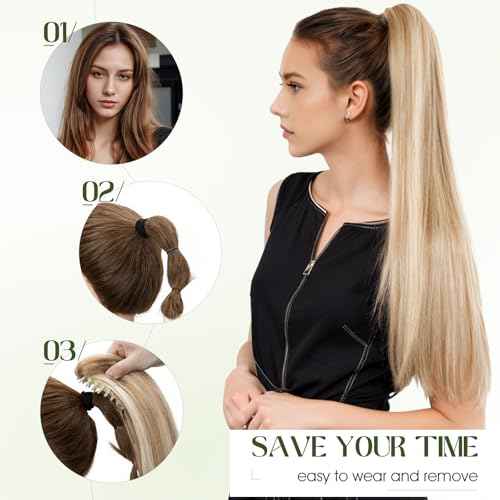 Ponytail Extension, 20 Inch Claw Clip Ponytail Extension Human Hair Long Straight Jaw Clip in Real Hair Pony Tails Hairpieces for Women Medium Brown & Dark Blonde