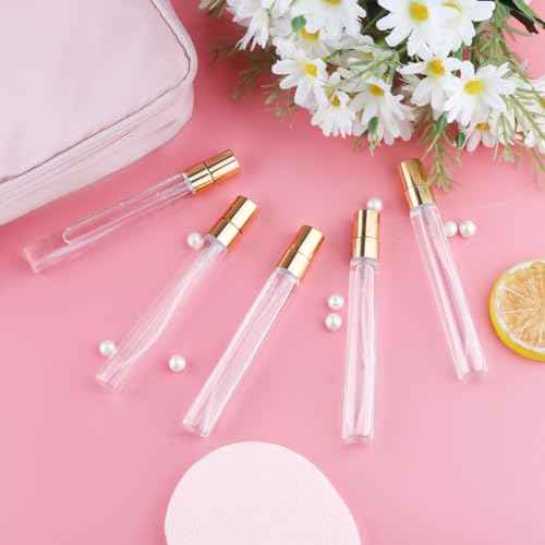 30 Pcs 10ml/0.34oz Mini Spray Bottle Glass Fine Mist Perfume Atomizer Empty Sample Containers with Golden Lids for Travel Cleaning Essential Oils