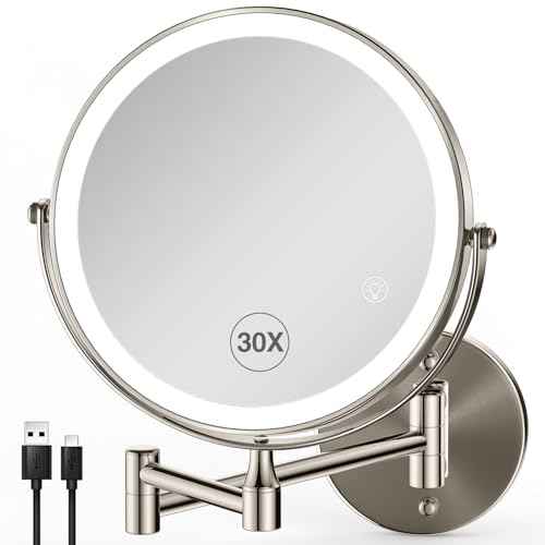 30X/1X Wall Mounted Makeup Mirror with Light: 8.5 Inch Double-Sided, 3 Color Modes, USB-C Rechargeable, 360¡Æ Swivel, Brushed Nickel