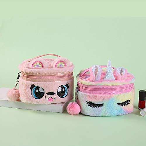 Newfancy Women Girls Kids Fluffy Faux Fur Unicorn Makeup Bag Small Cosmetic Organizer Plush Travel Storage Bags Toiletry Kit Case Vivid Kitten Purple