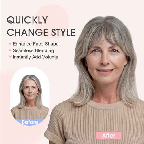 TESS Real Hair Toppers for Women Handmade Lace Base Womens Clip In Hairpieces with Bangs 5 Clips Natural Coverage Soft and Secure 2¡¿6", Silver