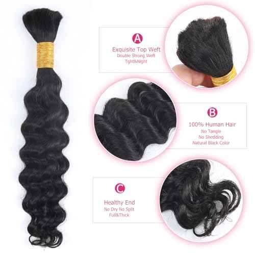 Odir 20 Inch Deep Wave Bulk Human Hair for Braiding No Weft 100% Unprocessed Brazilian Curly Braiding Human Hair Extensions Wet and Wavy Human Braiding Hair for Boho Braids 2 Bundles 100g