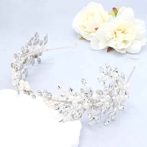 Oriamour Rhinestone Bridal Headband, Silver Wedding Headpiece for Bride, Wedding Hair Accessories for Brides Hair band For Women (Silver04, 14'')