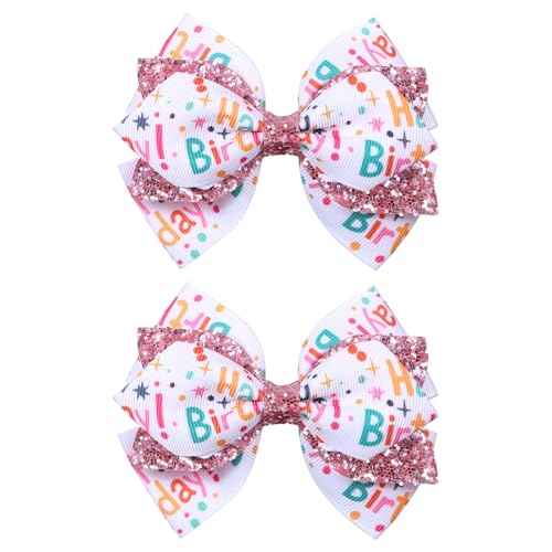 4" Happy Birthday Ribbon Hair Bow Clips 2pc Sparkly Pink Sequin Alligator Barrettes Pins for Teens Toddler Baby Girls Kids Women Ice Cream Party Outfit Dress Decor Accessory Gift