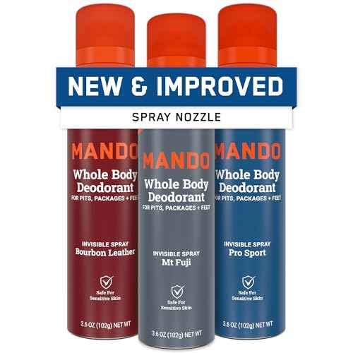 Mando Whole Body Deodorant For Men - Invisible Spray Deodorant - 72 Hour Odor Control - Low Irritation Formula - Aluminum Free, Benzene Free - 3.6 ounce - 3pk - Bourbon Leather, Mt Fuji, Pro Sport