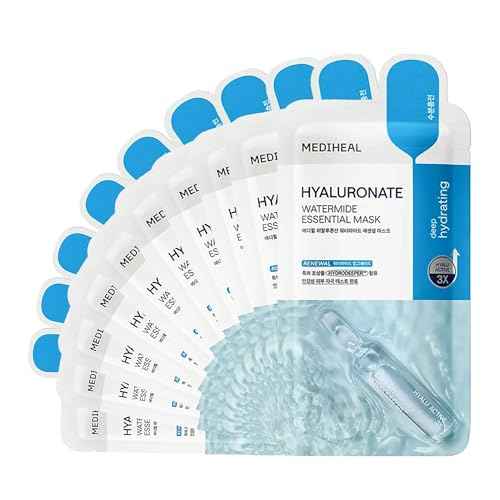 Mediheal Best Korean Hyaluronate Watermide Essential Face Mask - Hydrating and Moisturizing Sheet Masks With Hyalu Active 3x For All Skin Types (10 Count)