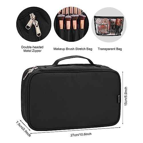 Relavel Makeup Brush Bag Large Makeup Brush Organizer Travel Makeup Artist Case with Detachable Clear Pouches, Professional Cosmetic Organizer Bag, Black