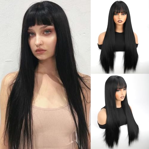 Civrie Black Wig Long Straight 28 inch Cosplay Wig for Women with Bangs Natural Hair Fiber Synthetic Wig, Perfect for Christmas, Parties, and Cosplay