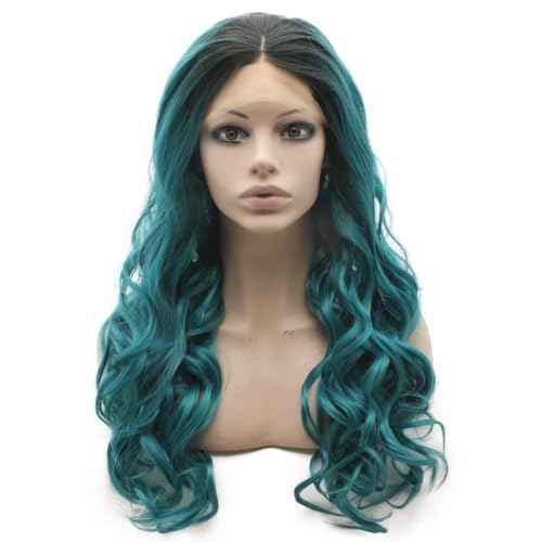 MX angel Long Wavy Ombre Blue Wig Half Hand Tied Synthetic Lace Front Wig Fiber Hair Costume Party Wig