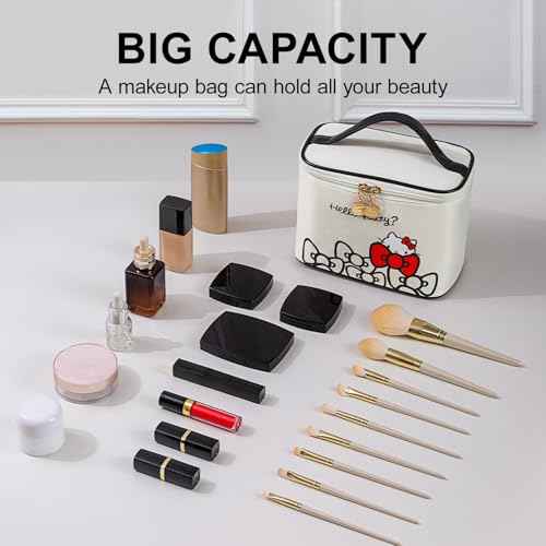 Vimanllie Makeup Bag Large Waterproof Cosmetic Bag with Dedicated Brush Holder, Cute Printed Makeup Organizer for Women Traveling,Portable Toiletry Bag for Girls