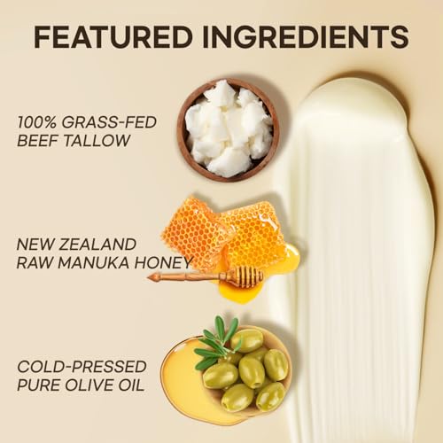 Whipped Tallow Honey Balm ? Natural & Organic Face Moisturizer for Crepey, Mature, Dry Skin ? Crepey Skin Cream with Raw Manuka Honey & Olive Oil ? 2.12 oz