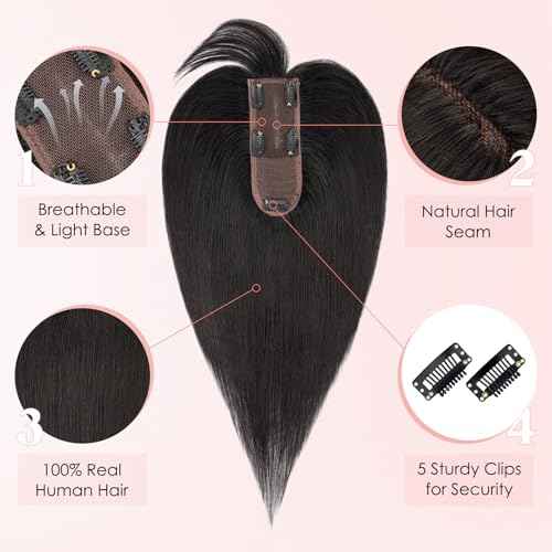 Hairro Human Hair Topper with Wispy Bangs, Clips on 360¡Æ 3D Cover Real Hairpieces Lightweight, 2.25"x6" Base for Women with High Hairline/Thinning Hair, 12 Inch Natural Black Bangs