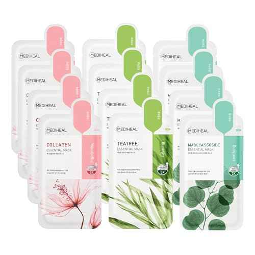 Mediheal Sheet Mask Essential HERO 12 Pack (Collagen, Tea Tree, Madecassoside) | Korean Skincare Facial Sheet Mask Combo, Moisturizing, Soothing and for Blemishes