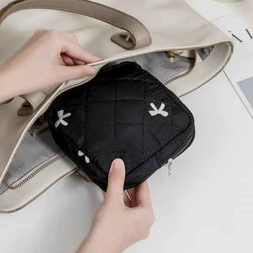 Small Quilted Cosmetic Pouch for Purse, Mini Cotton Makeup Bag with Compartments, Cute Zipper Lipstick Holder for Women (08Black Bow)
