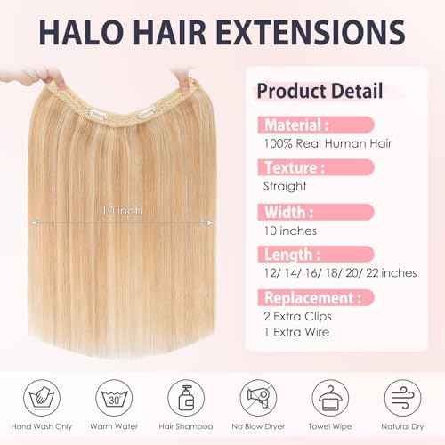 TESS Human Hair Extensions Halo Remy Hair 20 Inch Straight Adjustable Invisible Wire Easy to Use Clip in, Camel mixed Light gold