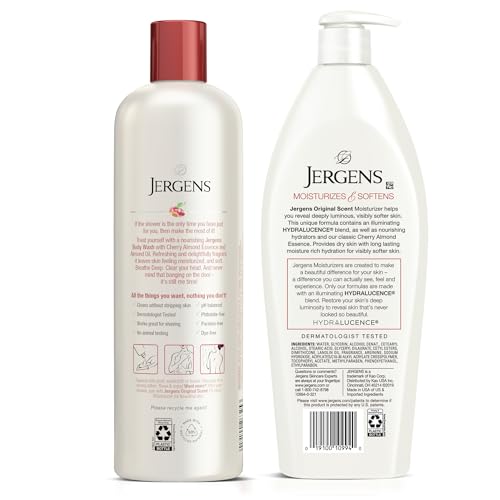 Jergens Original Scent, Cherry Almond, Dry Skin Moisturizer and Softening Body Wash, 2ct Bundle