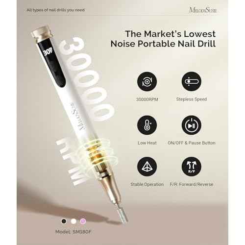 MelodySusie Pen-Shaped Cordless Nail Drill with Adjustable Stepless Speed,SM180F 30000RPM Portable Rechargeable E-File with LED Display for All Manicure Shaping & Acrylic Gel Removal for Pro at Home