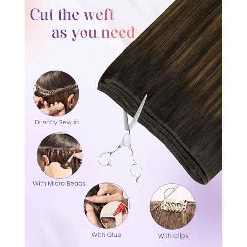 LaaVoo Sew in Hair Extensions Human Hair Balayage Brown Weft Hair Extensions Sew in Doble Weft Extensions Dark Brown Ombre Light Brown 22 Inch 100g