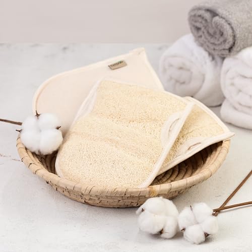 Premium Exfoliating Loofah Gloves ? Natural Egyptian Loufa Sponge Body Scrubber Mitts for Soft, Radiant Skin ? Left and Right Thumb Holes - Gentle Exfoliation & Deep Clean (1-Pack) (Count 2)