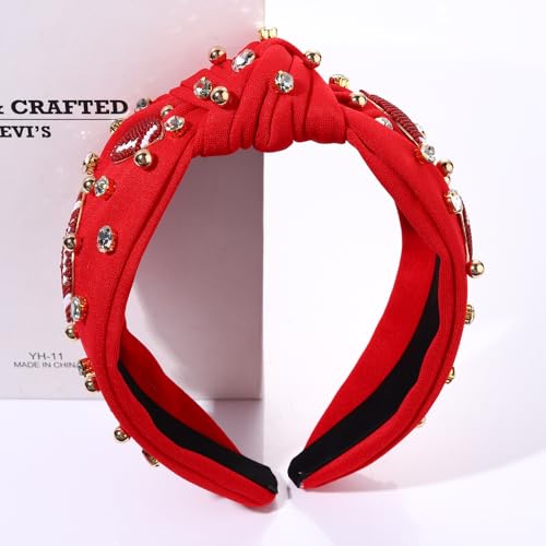 CEALXHENY Football Headband for Women Football Accessories Beaded Football Rhinestone Crystal Knotted Headband Jeweled Embellished Game Day Top Knot Headband Football Mom Hair Accessories (B-Red)