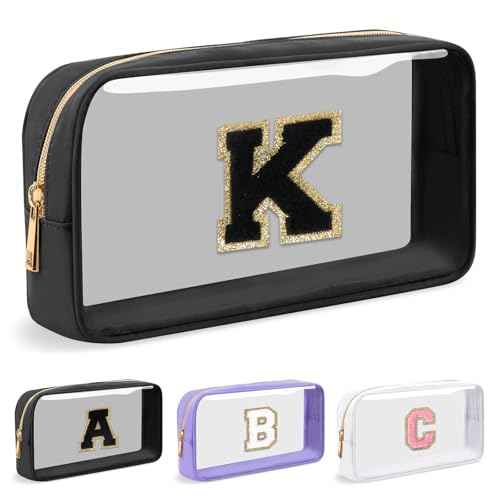Personalized Initial Letter Clear Makeup Bag,Preppy Small Nylon&PVC Cosmetic Zipper Bag with Chenille Letter,Travel Skincare Toiletry Bag,Monogram Christmas Gift for Teen Girls Women,K