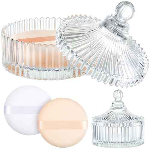 Tioncy 3 Pcs Extra Large Body Powder Puff and Container 5.43'' Glass Body Container with 5.12'' Powder Puff Glass Jar for Women's Talcum(Clear)