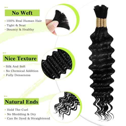 Human Braiding Hair for Boho Braids 75g 24 Inch Deep Water Wave Bulk Human Hair for Braiding No Weft 12A Boho Curly Human Hair for Braiding 10 Bundles/Pack Natural Color