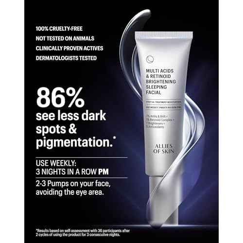 Allies of Skin Multi Acids & Retinoid Sleeping Facial | Exfoliating Overnight Glycolic Acid & AHA Peel | Resurfacing Anti-Aging Treatment For Fine Lines | Unclog Pores and Treat Blackheads 1.6 fl oz