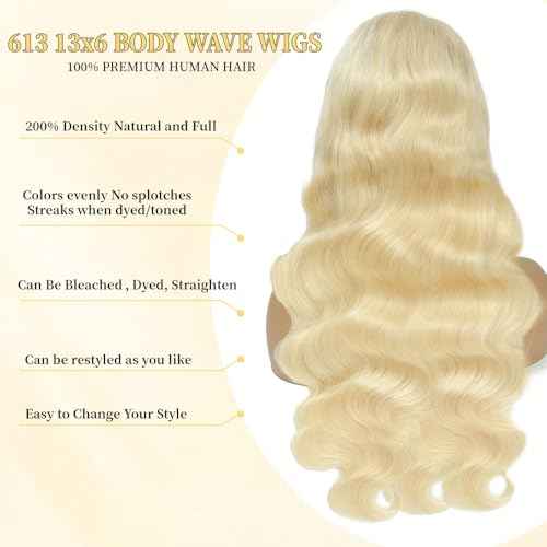 28 Inch 613 13x6 Lace Front Wig Human Hair 200 Density Body Wave Human Hair Wig 100% Real Human Hair Easily Stained Blend Minimum Shedding Tangle Free Longer life