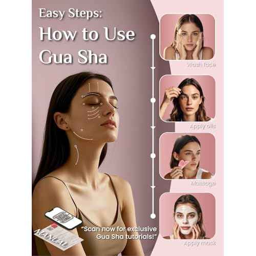 Rena Chris Gua Sha Facial Tools, Ergonomic Rose Quartz Guasha Tool for Face Massage, Manual Facial Massager Tool for Jawline Sculpting and Puffiness Reduction with Silicone Case (Pink)