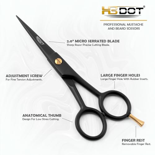 HB-DOT 5" Professional Mustache & Beard Scissors, German Stainless Steel Mustache Scissors, Mustache Scissors for Men with PU Leather Pouch and Comb set. (Black, 5 inches)