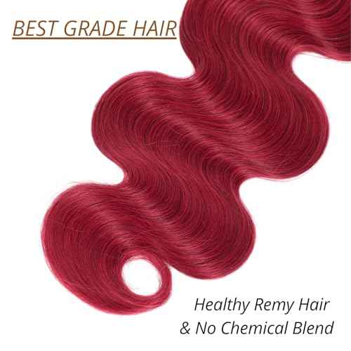 Red Burgundy Bundles Human Hair Body Wave, 12A Colored Bundles Human Hair 100% Unprocessed Remy Hair, Soft and Thick Burgundy Cherry Red 99J Single Wavy Sew in Quick Weave Double Weft 12 Inch