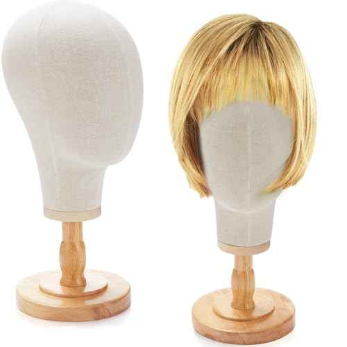 2 Pcs Wig Stand with Head 23 Inch Linen Mannequin Head with Wooden Stand Canvas Mannequin for Hats Wigs Caps Headdress Home Store Hair Salon(Beige)