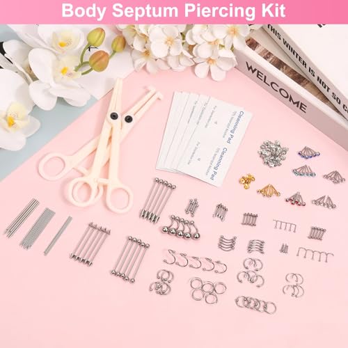 164PCS Body Septum Piercing Kit with 14G/16G/18G/20G Piercing Needles Piercing Jewelry and Tools for Ear Nose Belly Button Nipple Lip Cartilage Eyebrow Tongue Navel Piercing Kit for All Piercings