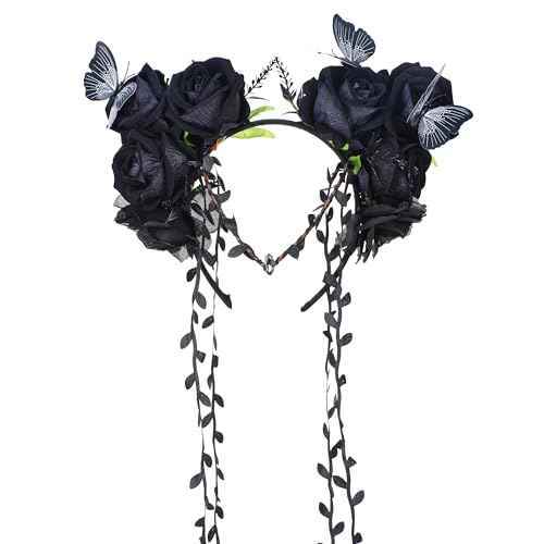 MOSTORY Black Flower Crown Headband - Gothic Floral Headpiece with Butterfly Dark Fairy Crown for Women Witch Aesthetic Renfaire Renaissance Party Cosplay