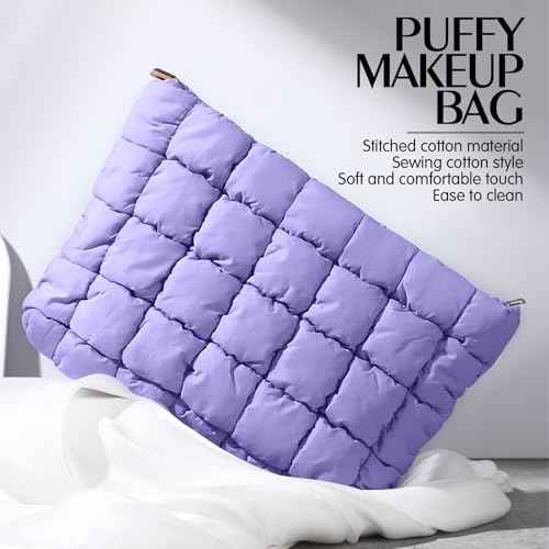 Hillban Purple Puffy Quilted Makeup Bag Quilted Cosmetic Bag Cute Puffer Toiletry Checkered Pouch Aesthetic Travel Makeup Brushes Organizer(Classic)