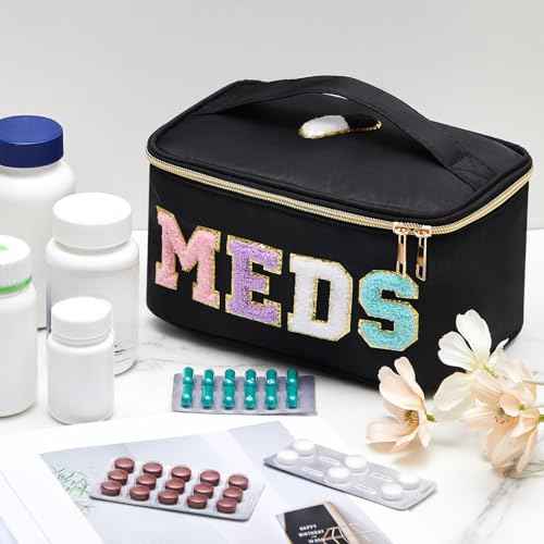 Geetery Clear Makeup Bag Chenille Letter Meds Bag Travel Cases Preppy Patch with Zipper, Portable Cosmetic Toiletry Storage case for Women(Meds,Black)