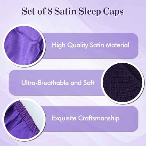 Lawie 8 Pack Colors Satin Lined Silky Sleeping Bonnets Shower Caps Curly Long Hair Protector Night Large Adjustable Wide Brim Band Sleep Hats Hair Wraps for Women Girls (Feminine Colors)