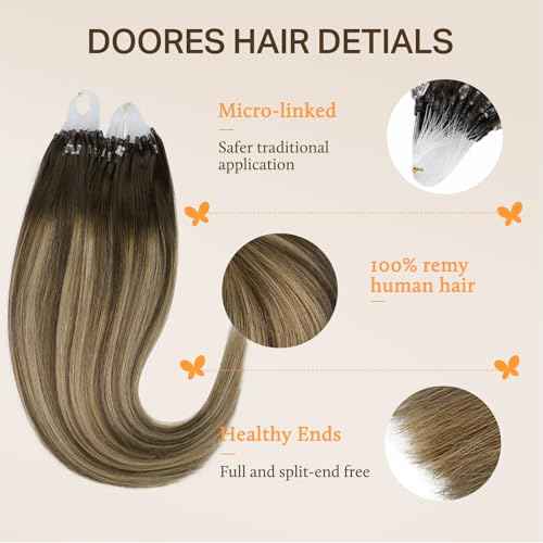 DOORES Micro Beaded Hair Extensions Human Hair extension, Balayage Chocolate Brown to Caramel Blonde 24 Inch 50g/50s, Micro Ring Hair Extensions Human Hair