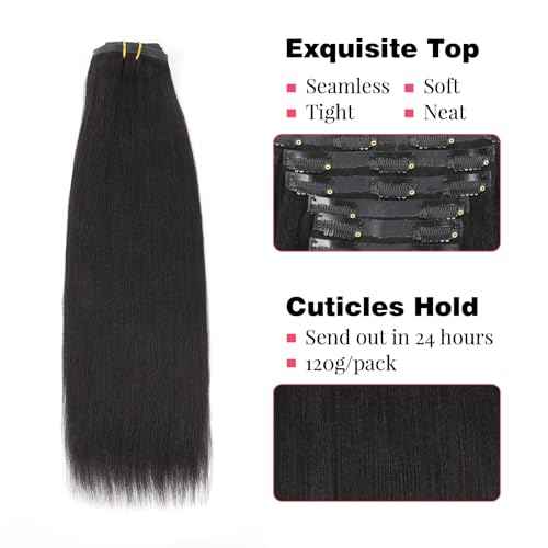 Sasisna Real Human Hair Extensions Clip ins Yaki Straight 22 Inch Nature Black Seamless PU Clip in Hair Extensions Double Wefted Yaki Straight Hair Extensions 120g/7pcs with 17 Clips