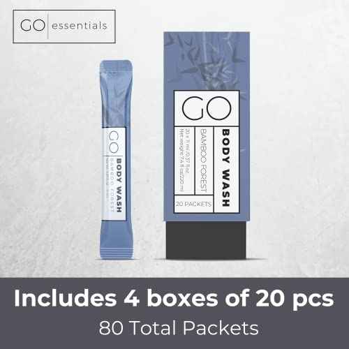 GO Essentials Travel Size Single Use Body Wash Packets - TSA Friendly, Bulk Supplies for Airbnb Essentials, Shelters & Hotels (Bamboo Forest, 4 Boxes/80 Packets)